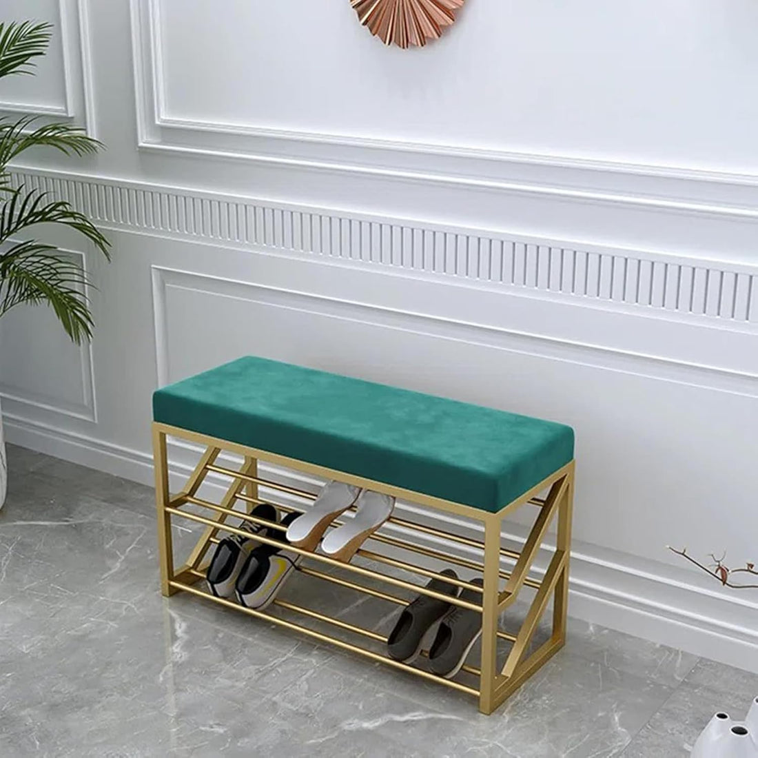 2 Tier Upholstered Organizer Shelf with Green Padded Cushion Seat