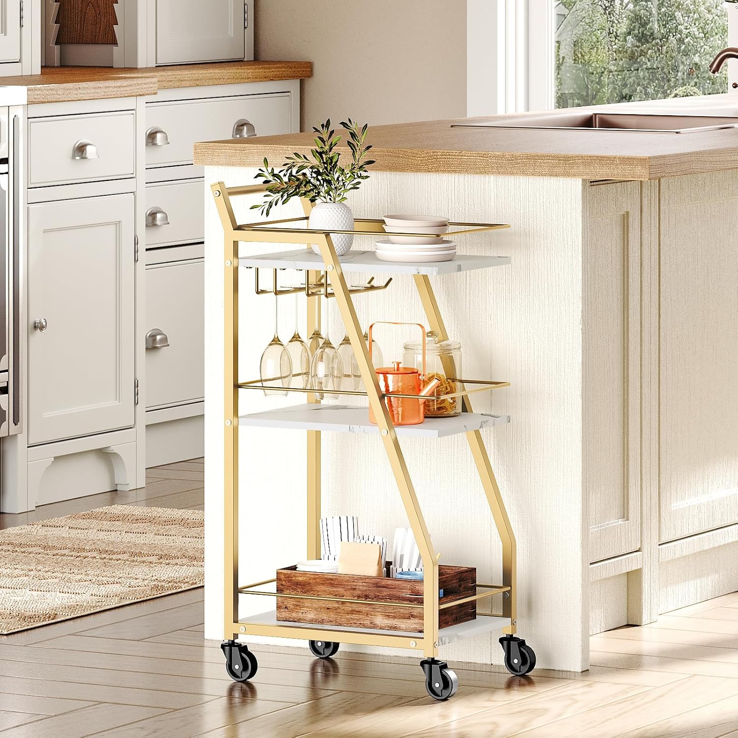 3-Tier Kitchen Bar Trolley in White & Gold Finish