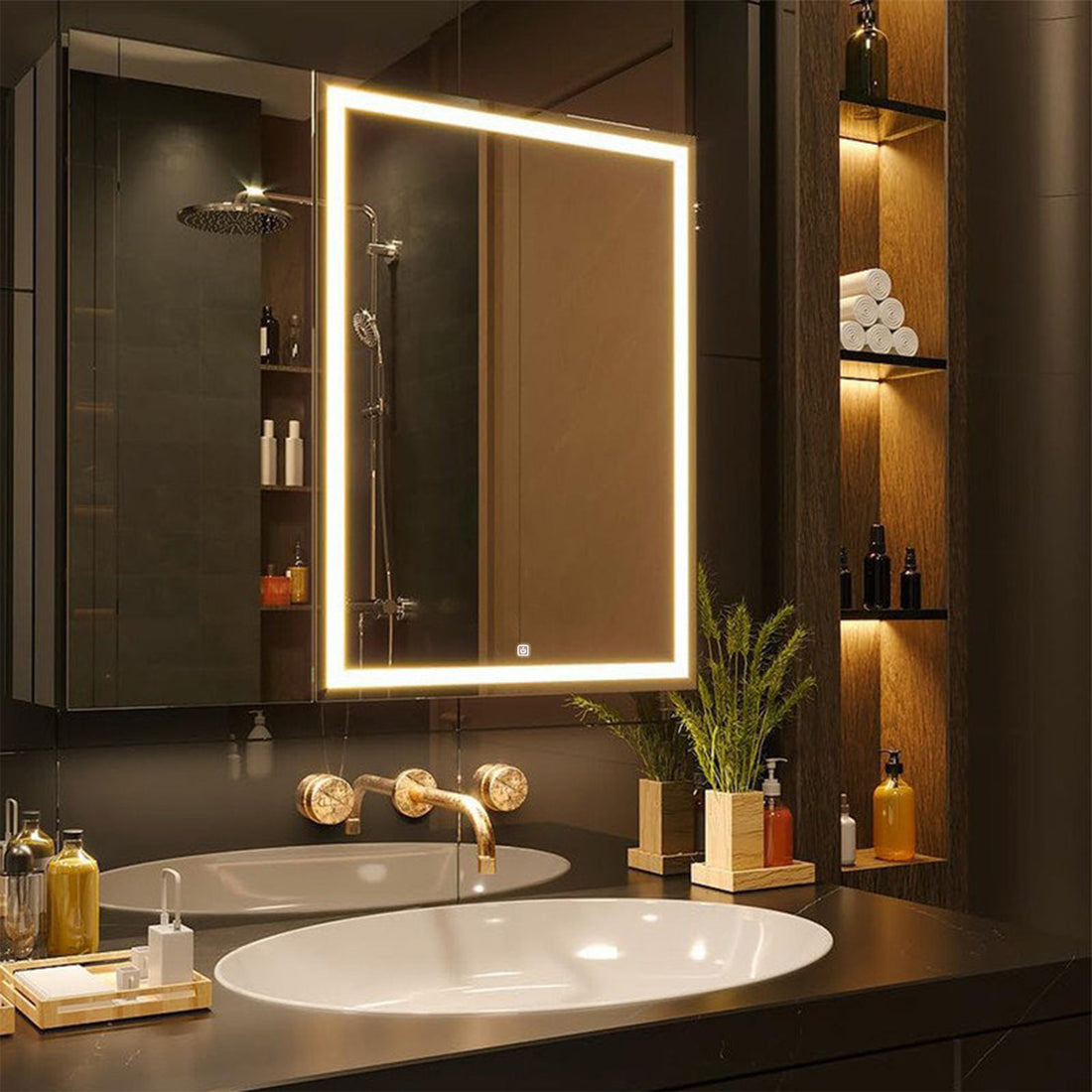 Warm Light Illuminated Vanity Cabinet Dual Mirror Doors