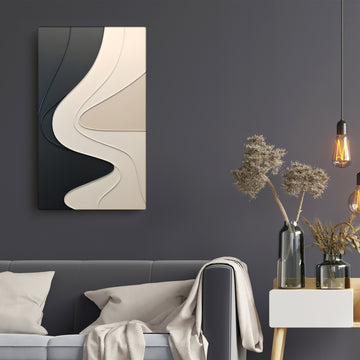 Abstract Wall Panel with Dimensional Curves in Black and Cream