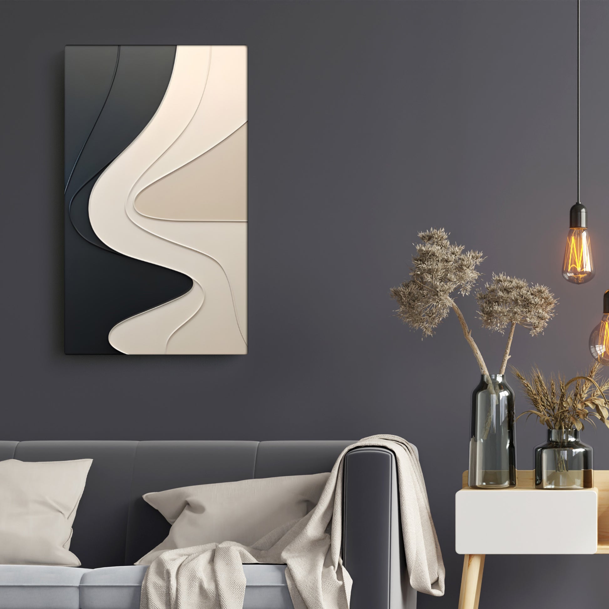 Abstract Wall Panel with Dimensional Curves in Black and Cream
