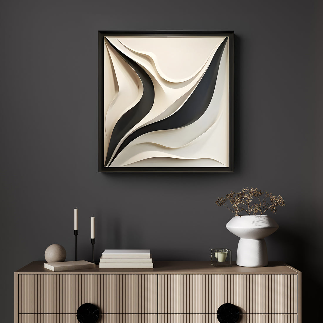 Artistic 3D Panel with Organic Wave Shapes in Monochrome Finish