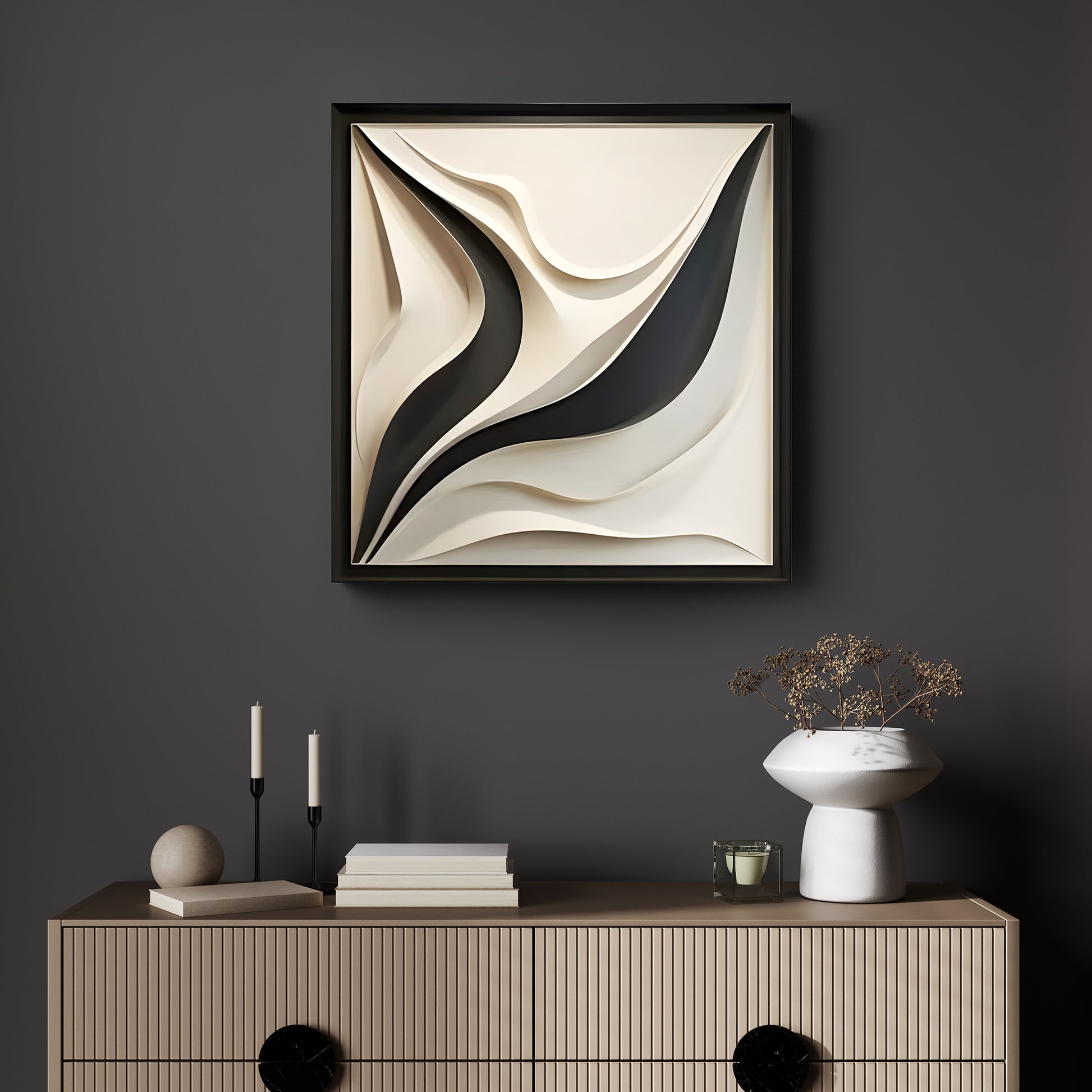 Artistic 3D Panel with Organic Wave Shapes in Monochrome Finish
