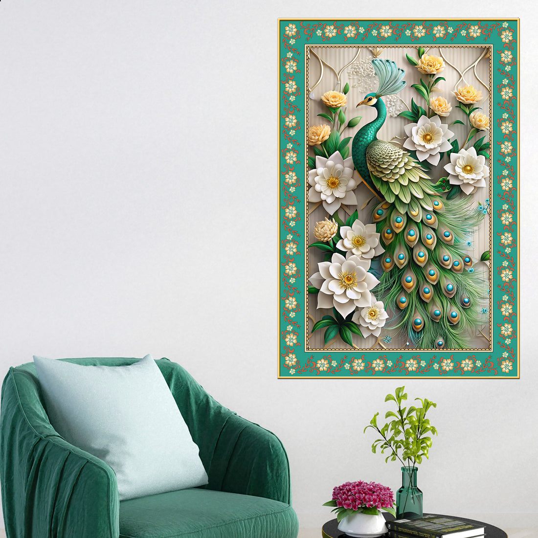 Beautiful Peacock with Flowers Floral Border Vertical Wall Painting