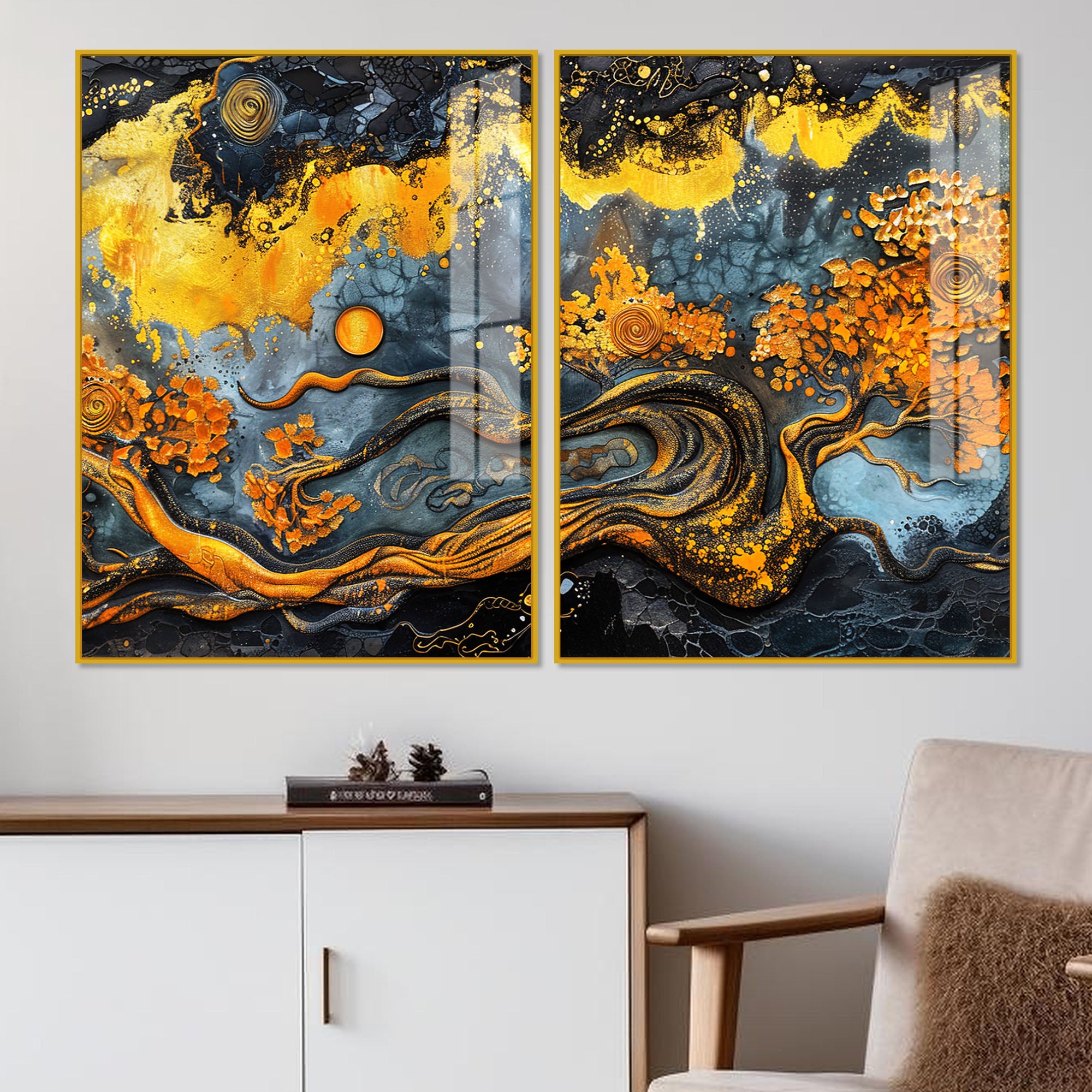 Beautiful Trees Branch Golden Textured Acrylic Art Floating Wall Painting Set of 2