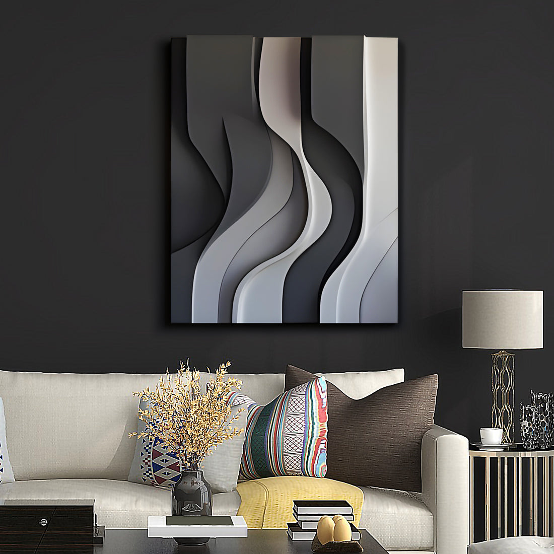 Black Gray and White Flowing Wave Design 3D Wall Decor