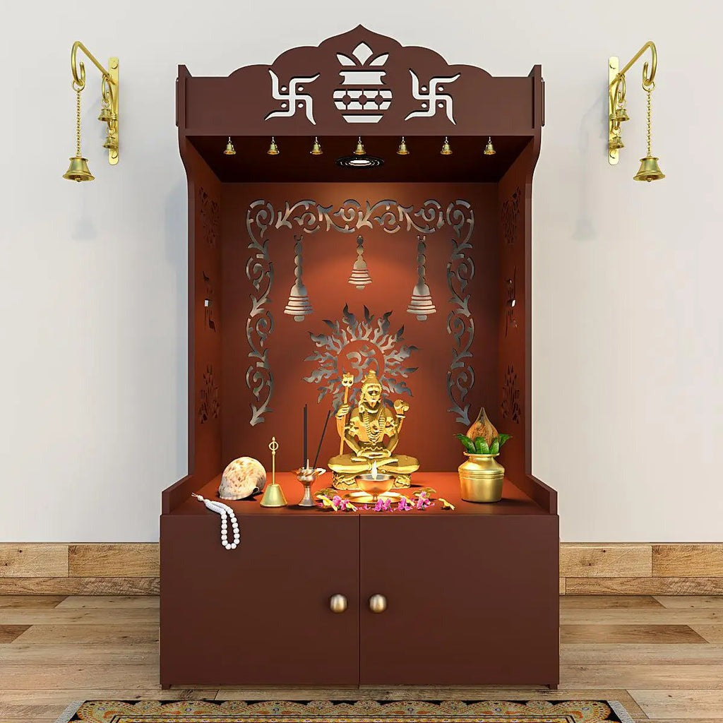 Brown Wooden Floor Pooja Mandir with Kalash & Om Design Laser-Cut Bell Motifs & Storage Cabinet