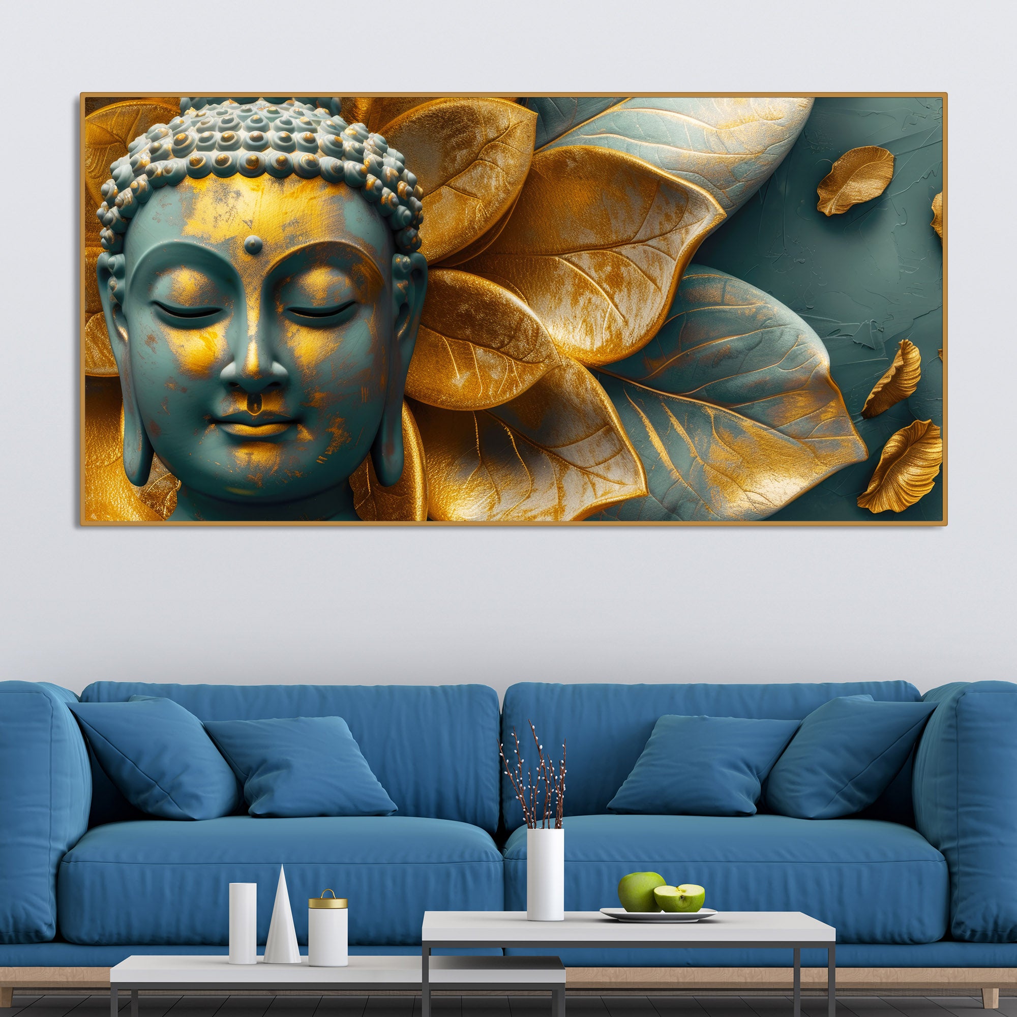 Buddha Statue with Golden Flower Leaf Art Canvas Wall Painting