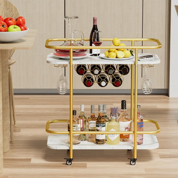 Contemporary Bar Cart Trolley with Golden Frame & Dual Shelves