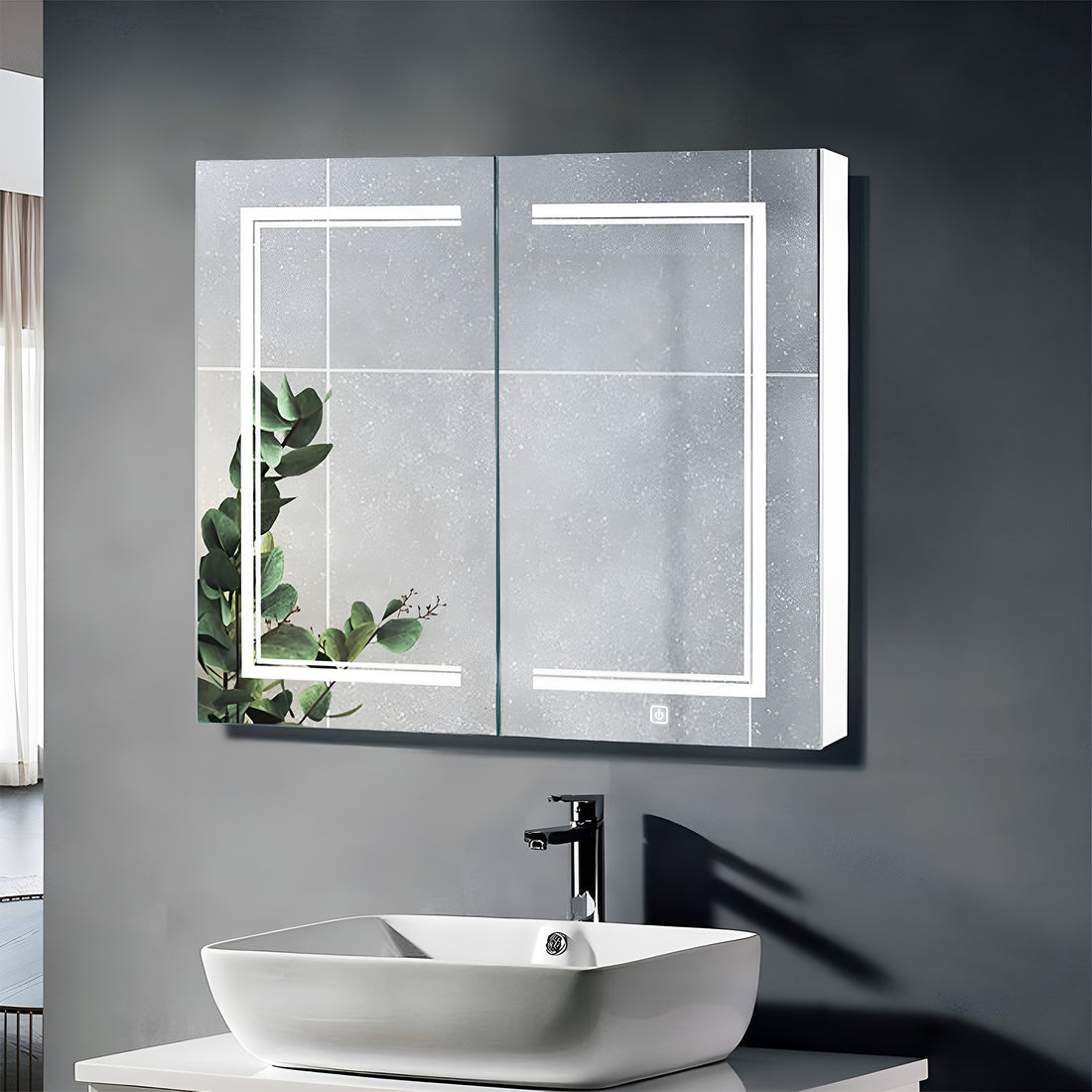 Contemporary LED Vanity Mirror Cabinet with Abstract Border Lighting
