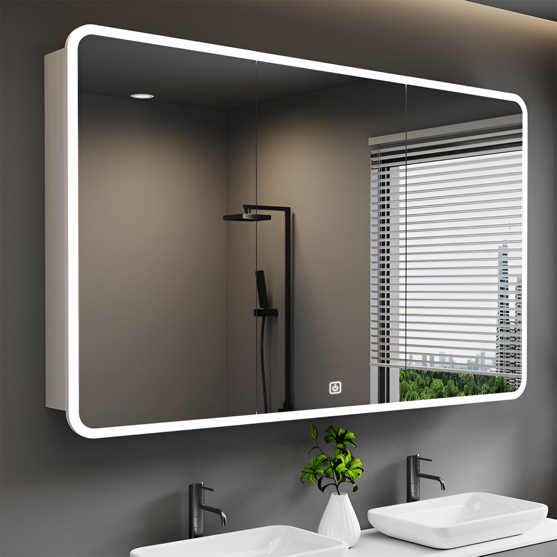Contemporary Wide Bathroom Cabinet Mirror with Ambient LED Lighting