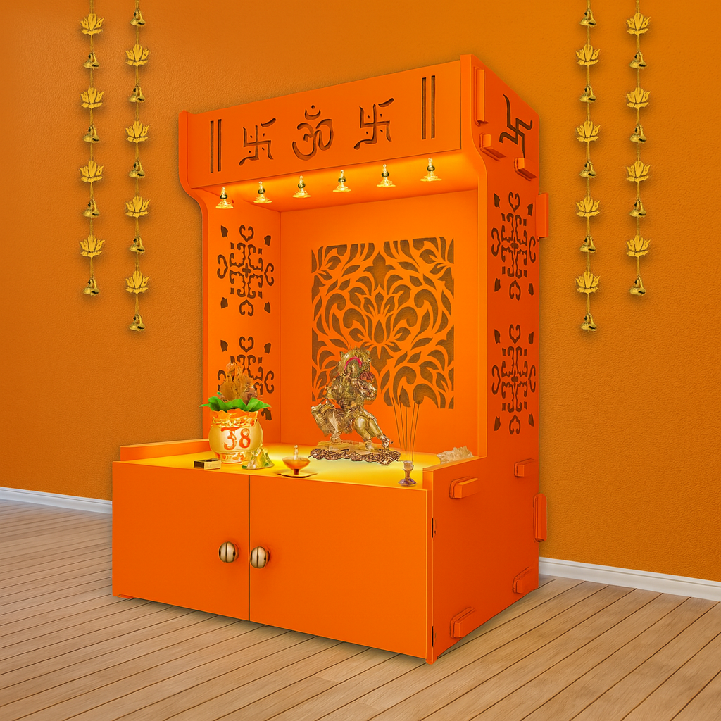 Designer Intricate Jali Design Pattern Floor Temple with Spacious Wooden Shelf & Inbuilt Focus Light- Bhagwa Finish