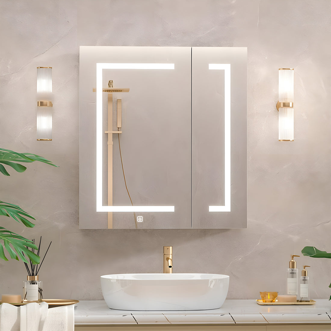 Elegant Bathroom Cabinet Mirror with Gold Accents and Dual LED Panels