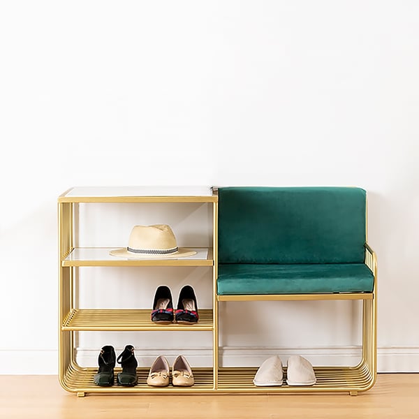 Faux Marble Green Velvet Modern Bench with Shoe Rack
