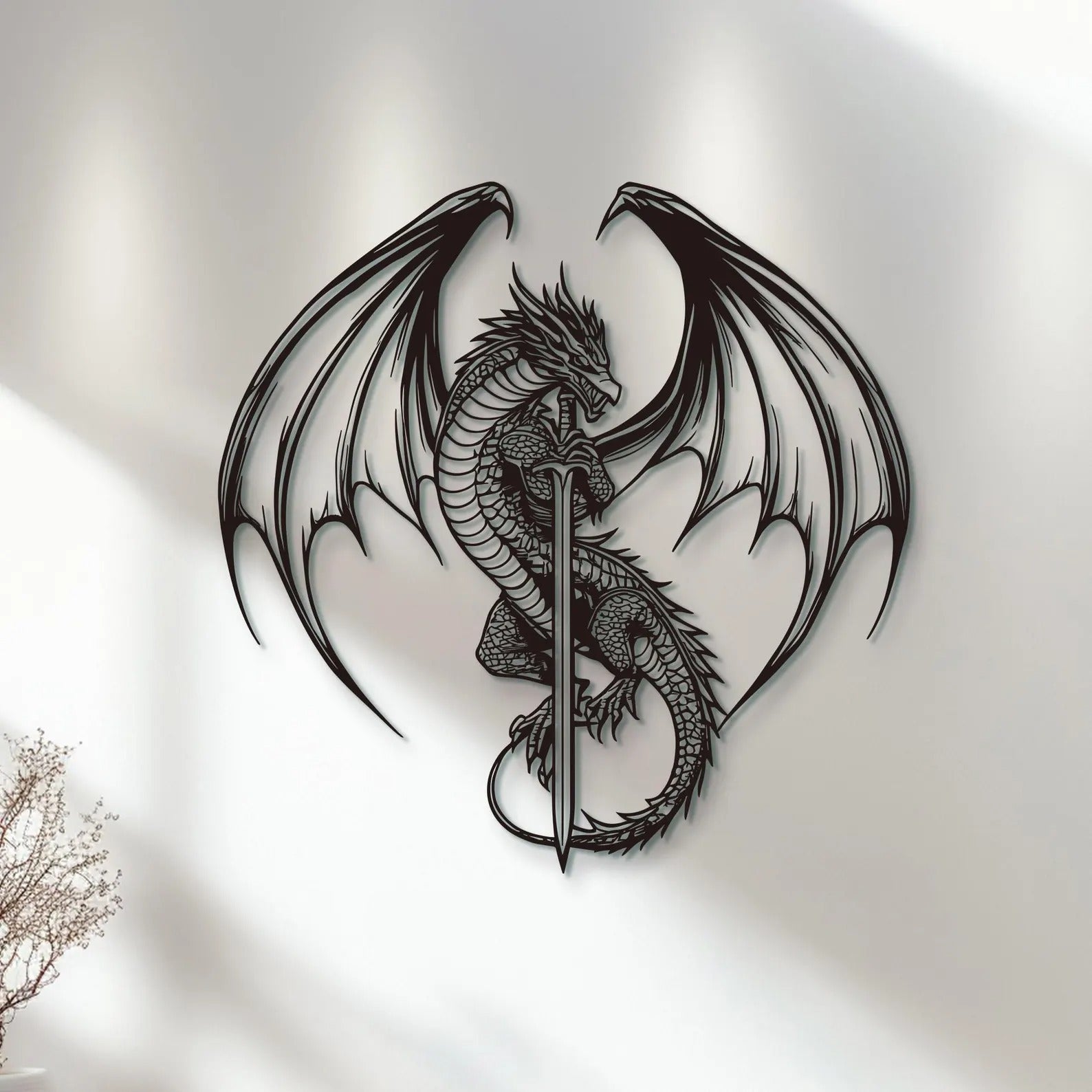 Flying Dragon with Sword Metal Wall Art Decor