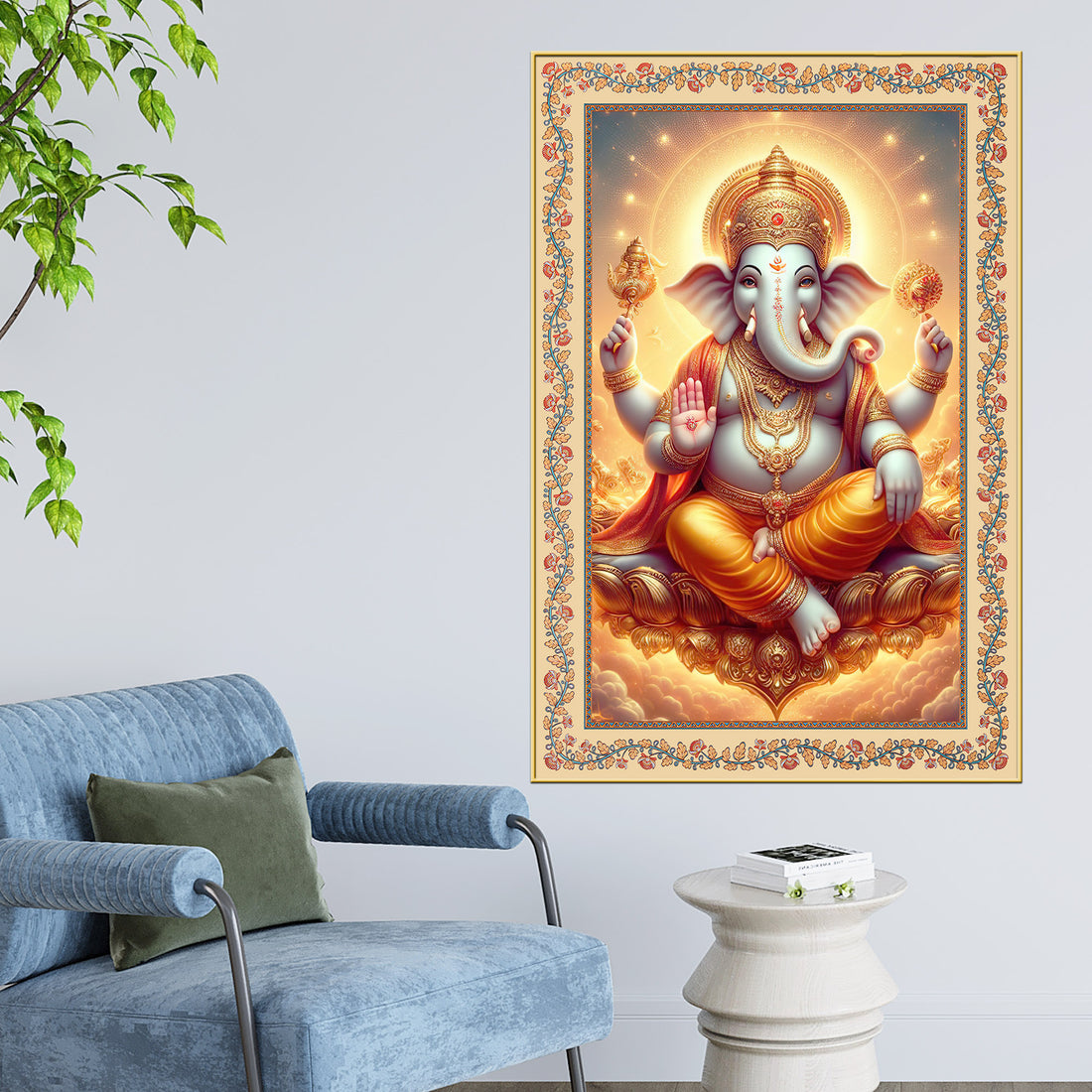Ganesha Blessings and Prosperity Floral Border Vertical Wall Painting