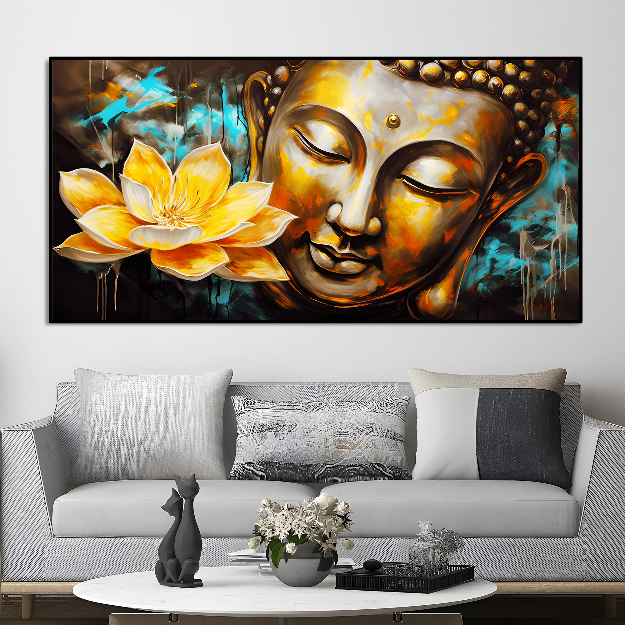 Golden Statue of Buddha with Lotus Flowers Canvas Wall Painting