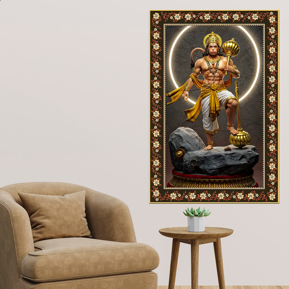 Hanuman Destroyer of illusions Floral Border Vertical Wall Painting