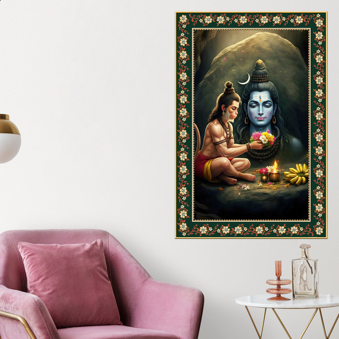 Hanuman Worship Shiva Floral Border Vertical Wall Painting