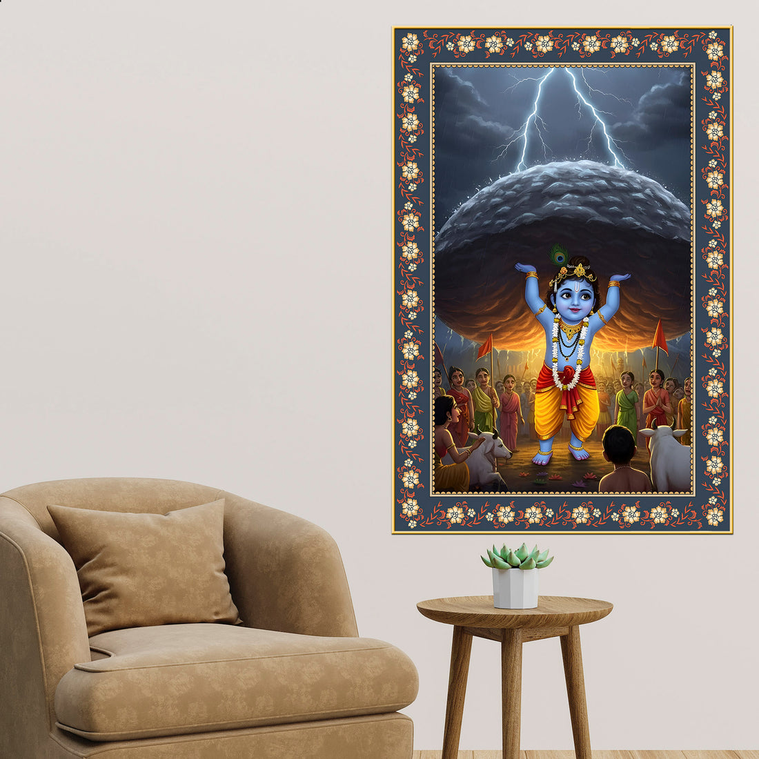 Krishna lifting Mount Govardhana Floral Border Vertical Wall Painting
