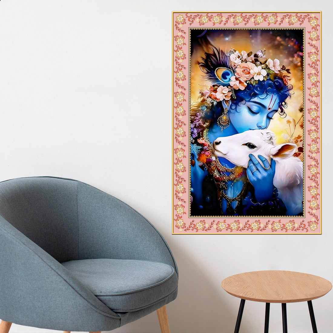 Krishna The Little Cowherd Floral Border Vertical Wall Painting