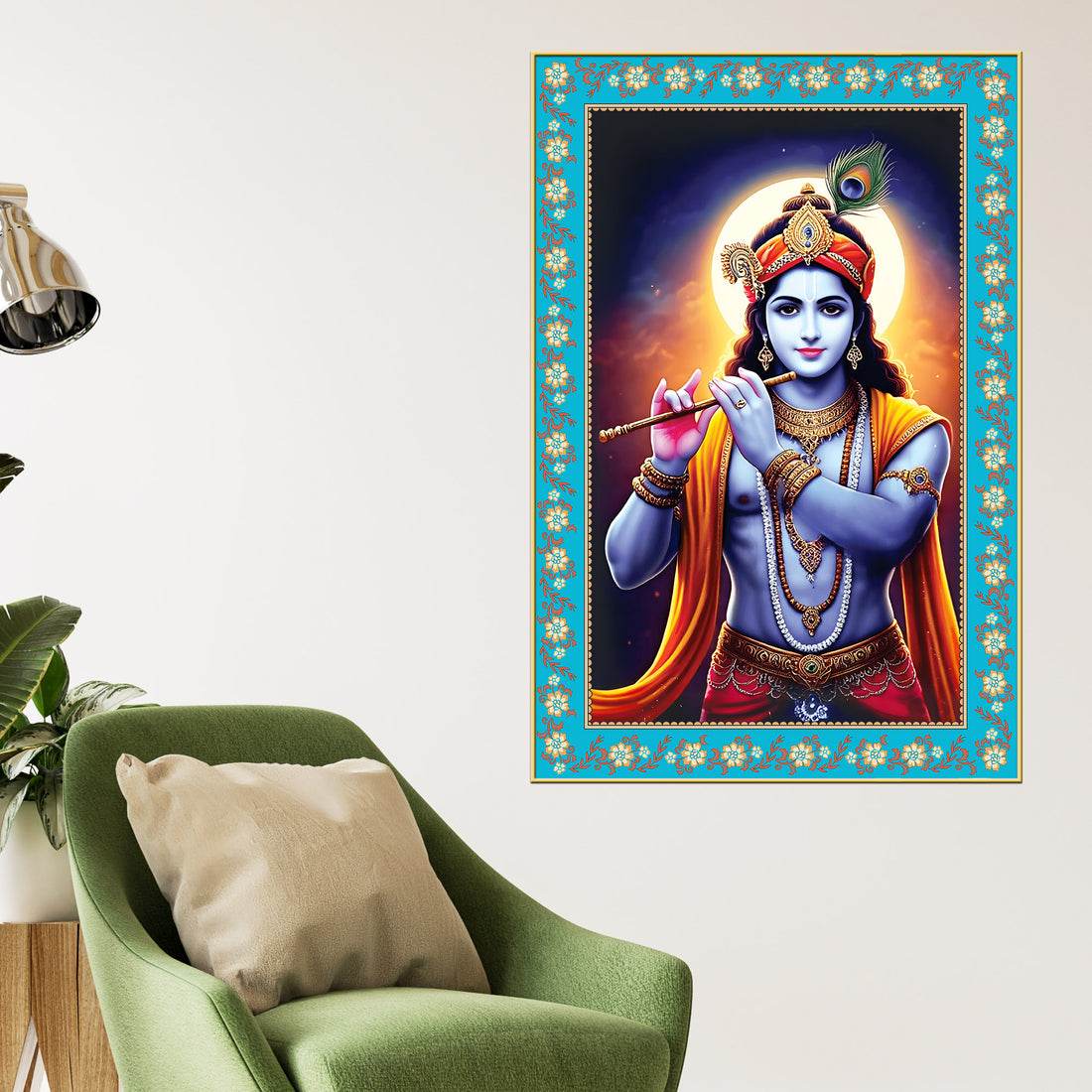 Krishna with Flute Floral Border Vertical Canvas Wall Painting