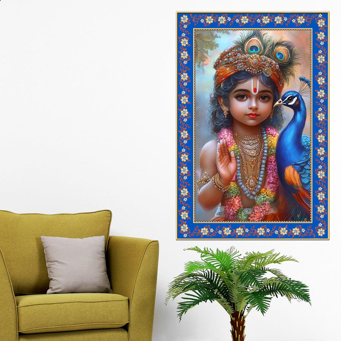 Little Krishna with Peacock Floral Border Vertical Wall Painting