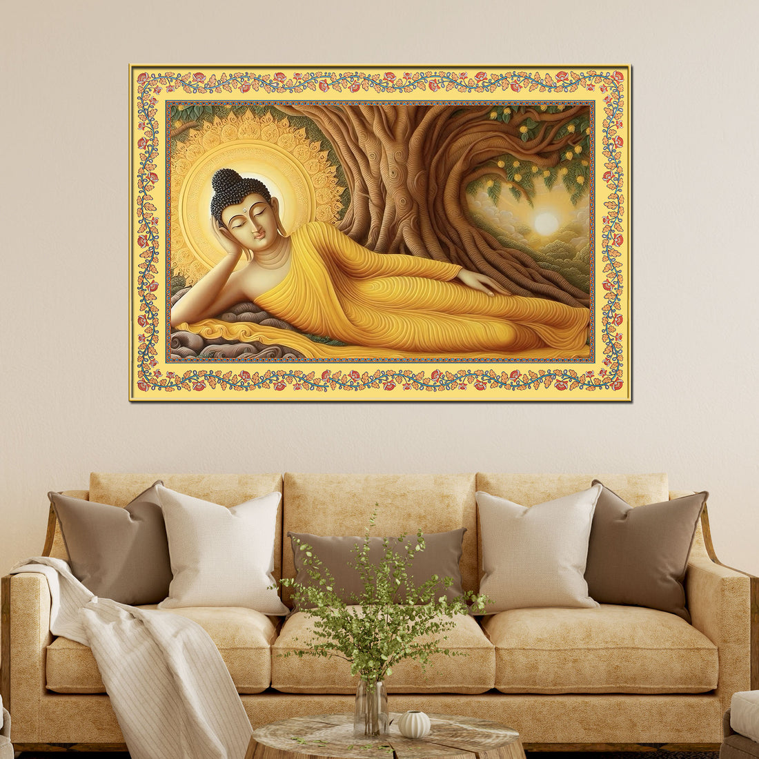 Lord Buddha in Reclining Posture Floral Border Canvas Wall Painting