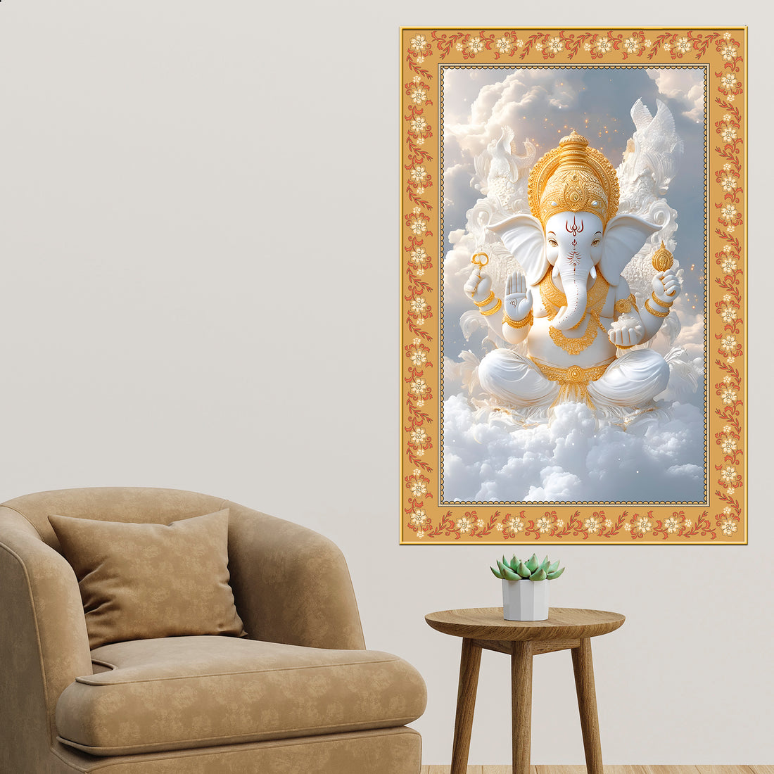 Lord Ganesha in Sky Floral Border Vertical Wall Painting