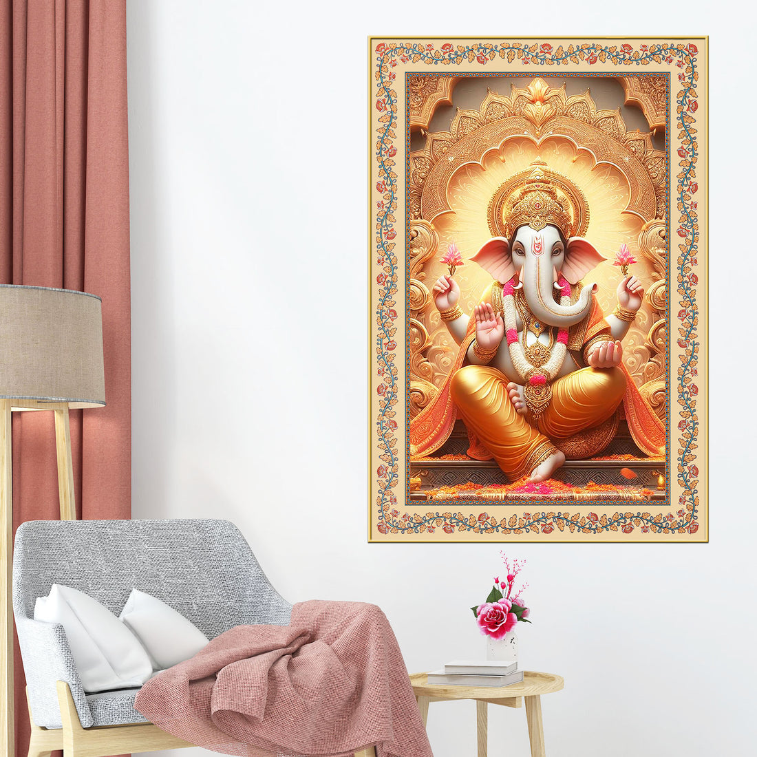 Lord Ganesha on Throne Floral Border Vertical Canvas Wall Painting