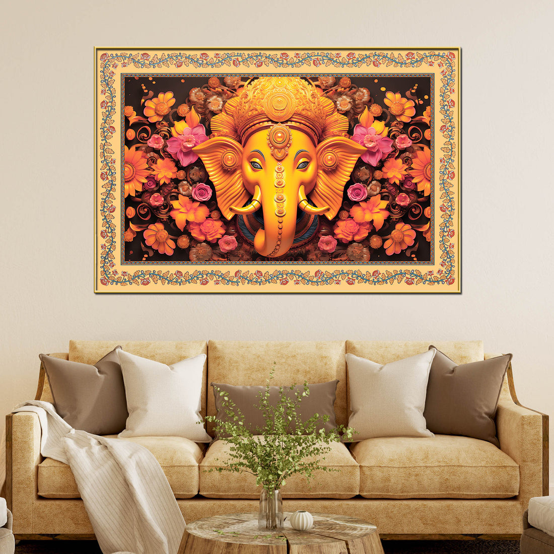 Lord Ganesha with Beautiful Flowers Border Canvas Wall Painting