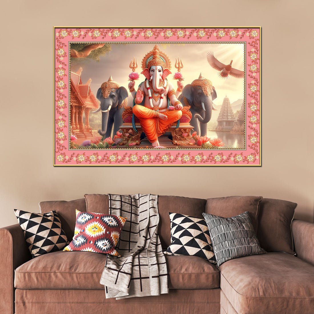 Lord Ganesha with Elephants Floral Border Canvas Wall Painting