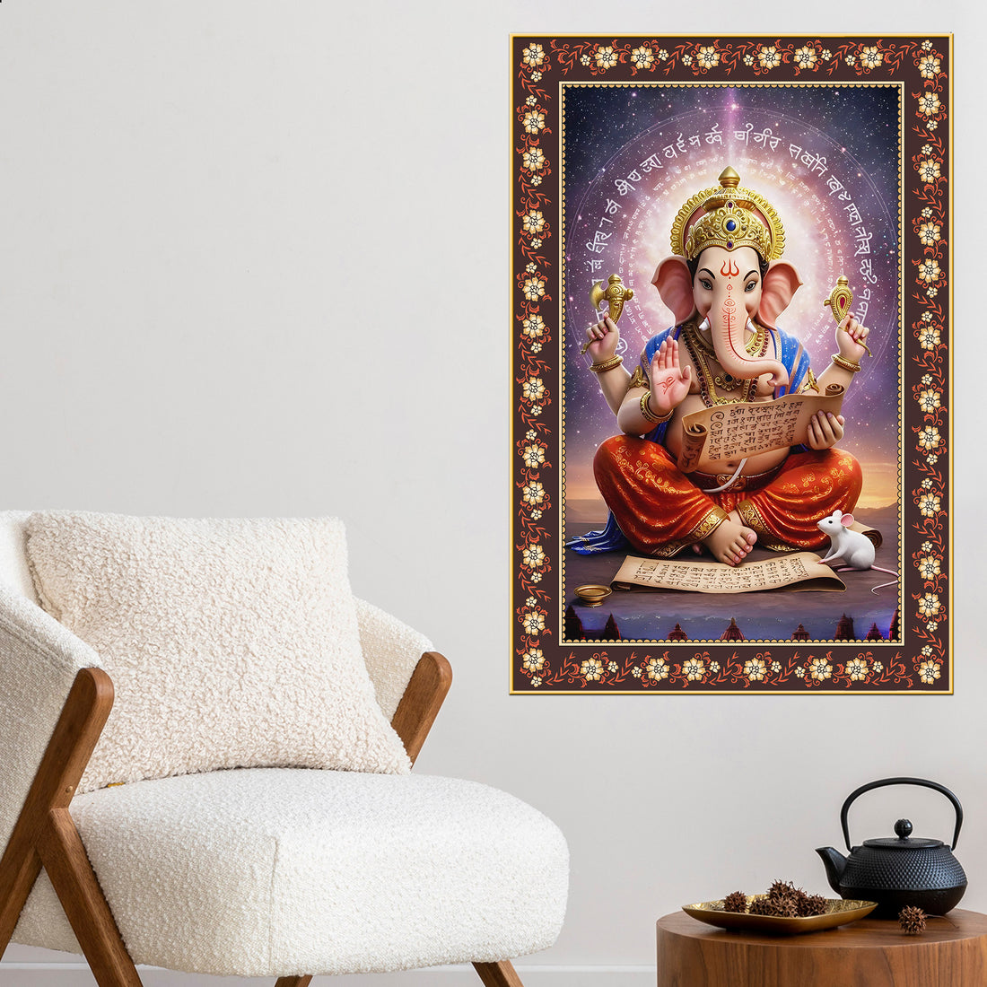 Lord Ganesha Writing Mahabharata Floral Border Vertical Wall Painting