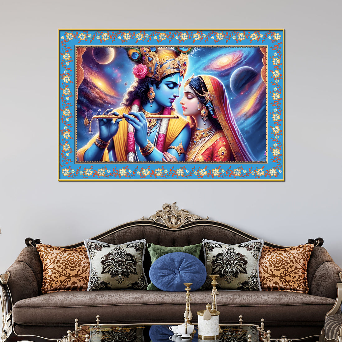 Lord Krishna with Radha Floral Border Canvas Wall Painting