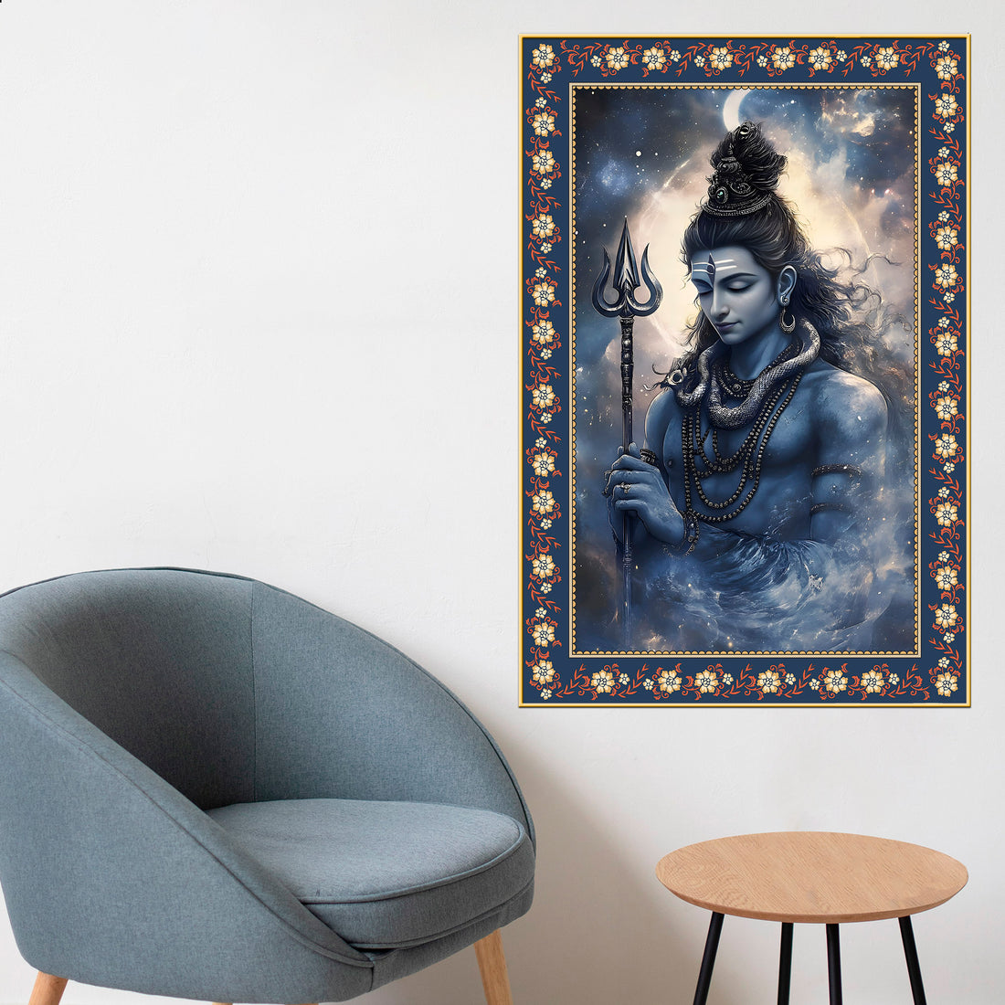 Lord Mahadev in Dramatic Sky Floral Border Vertical Wall Painting