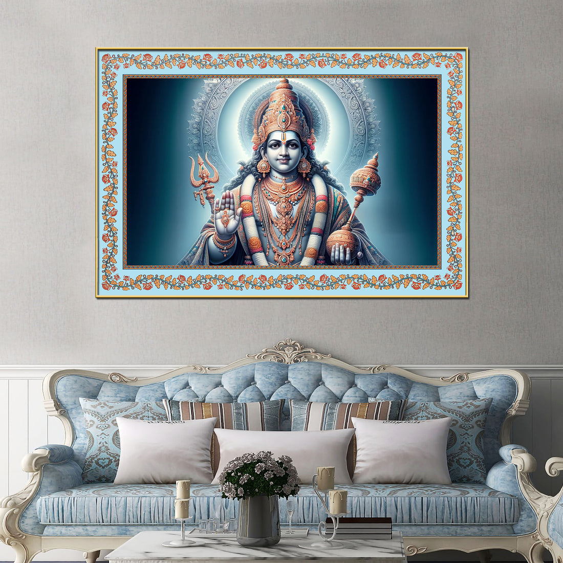 Lord Of Gods Maha Vishnu Floral Border Canvas Wall Painting