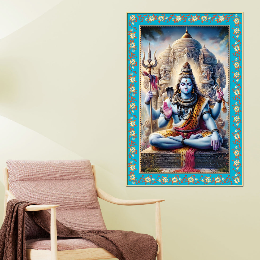 Lord Shankar Floral Border Vertical Canvas Wall Painting