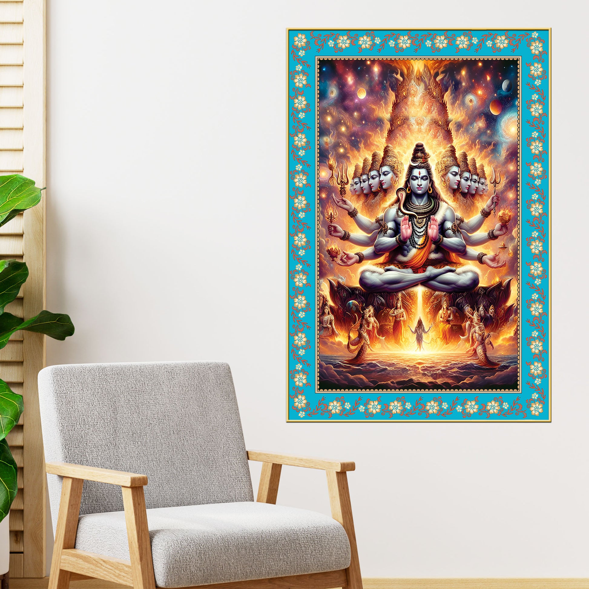 Lord Shiva in Cosmic Meditation Floral Border Vertical Wall Painting