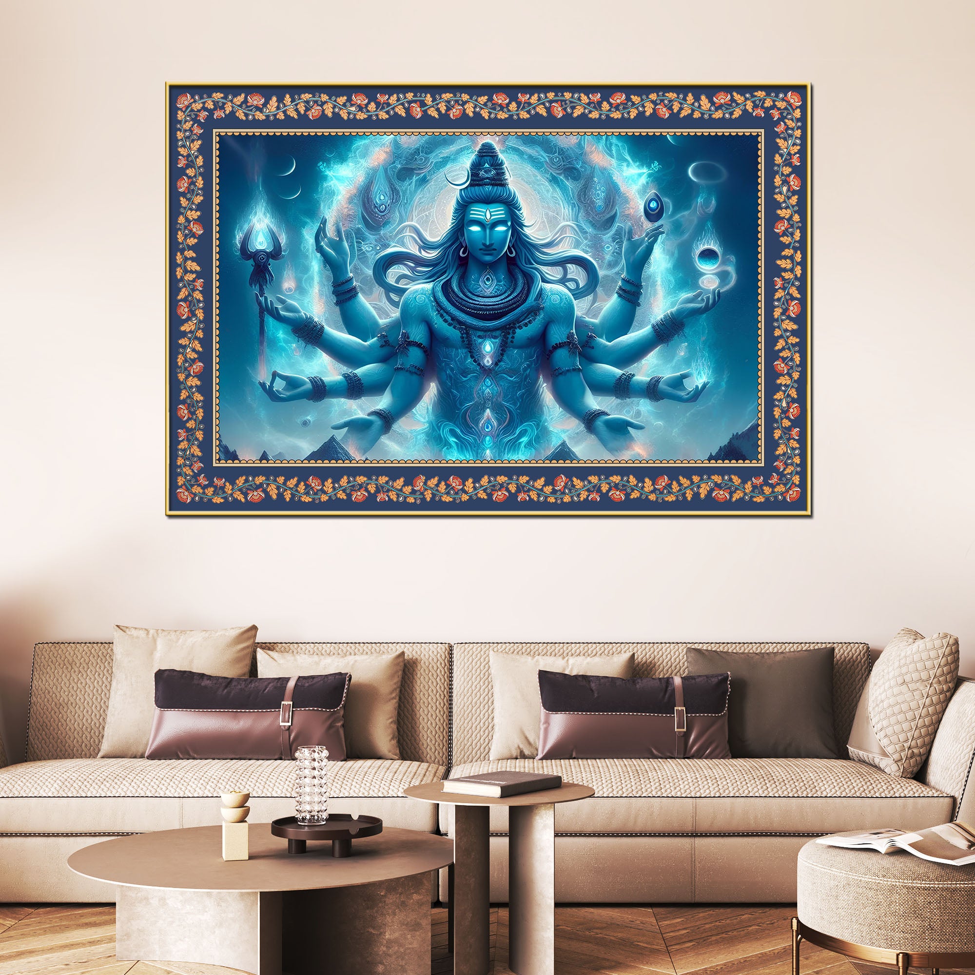 Lord Shiva Rudra Avatar Floral Border Canvas Wall Painting