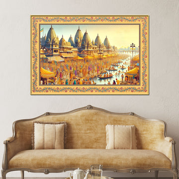 Maha Kumbh Mela on Ganga Ghat Border Canvas Wall Painting