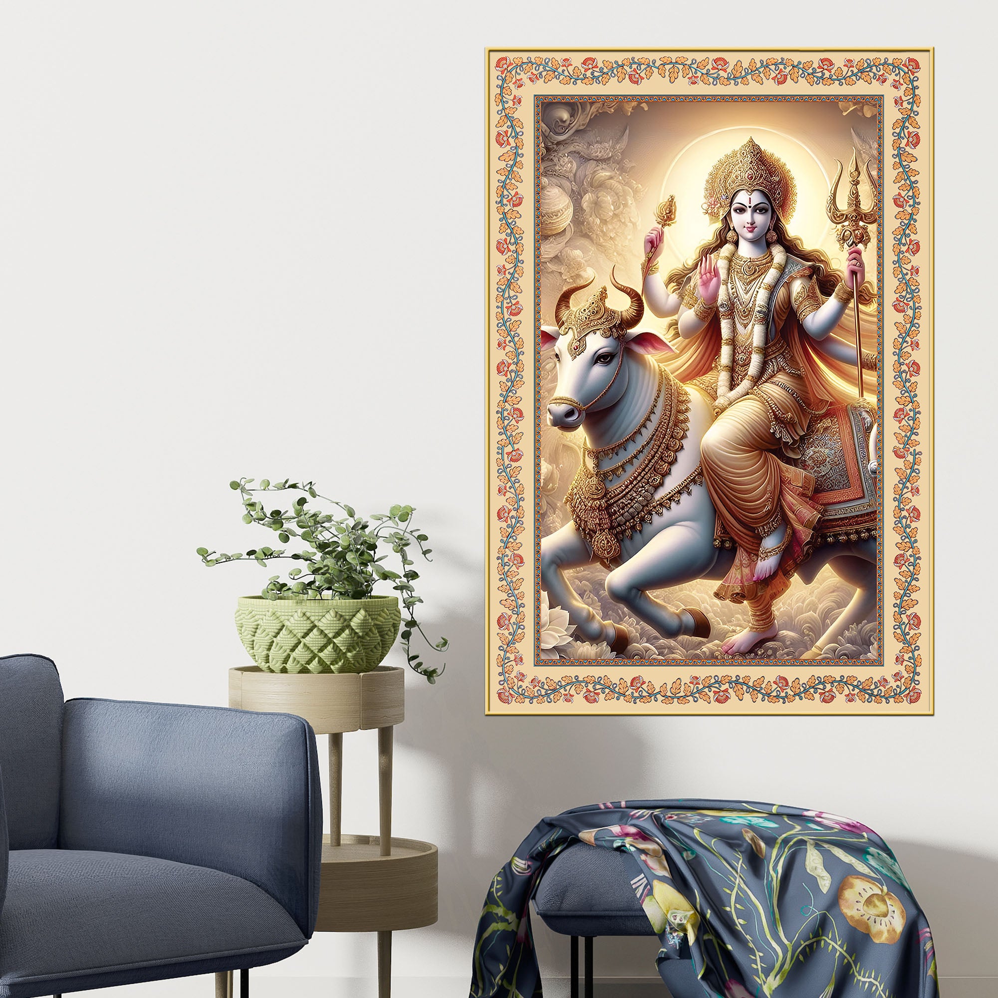 Mata Shailputri Floral Border Vertical Canvas Wall Painting