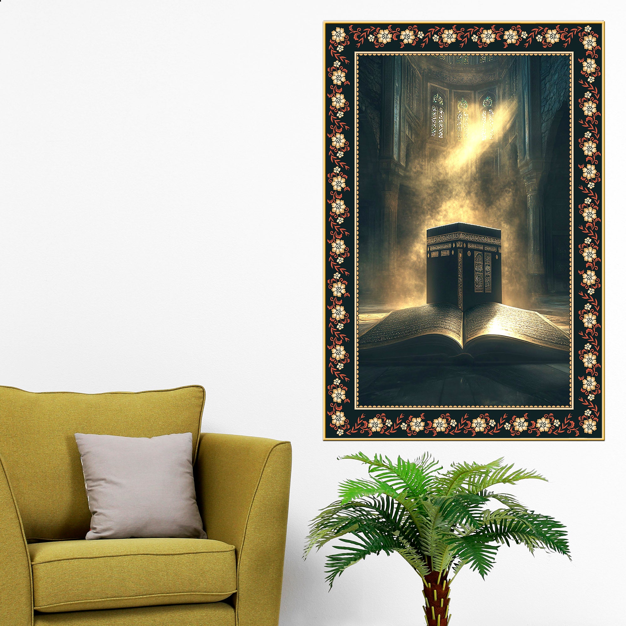 Mecca Holy Mosque Islamic Floral Border Vertical Wall Painting