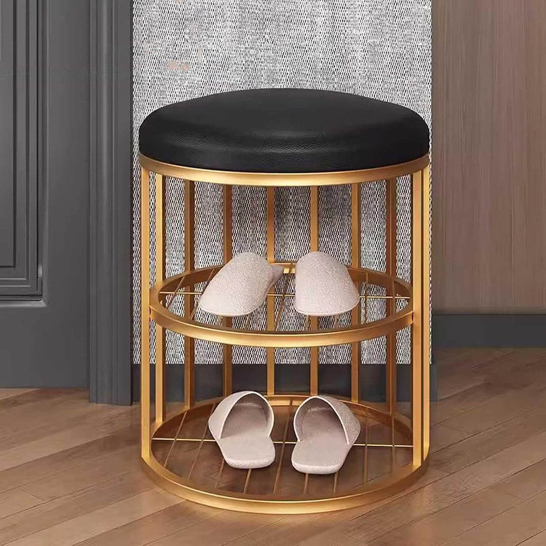 Metal Frame Shoe Bench Rack with Black Padded Seat