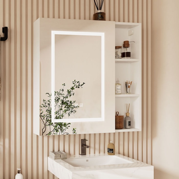 Minimalist Wall Cabinet with Backlit Mirror and Shelf Space