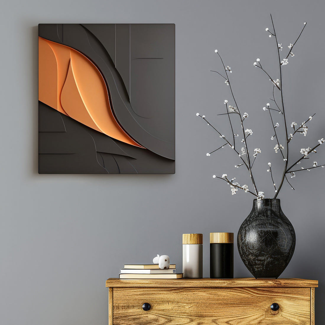 Modern 3D Wall Art Panel with Black and Orange Abstract Design