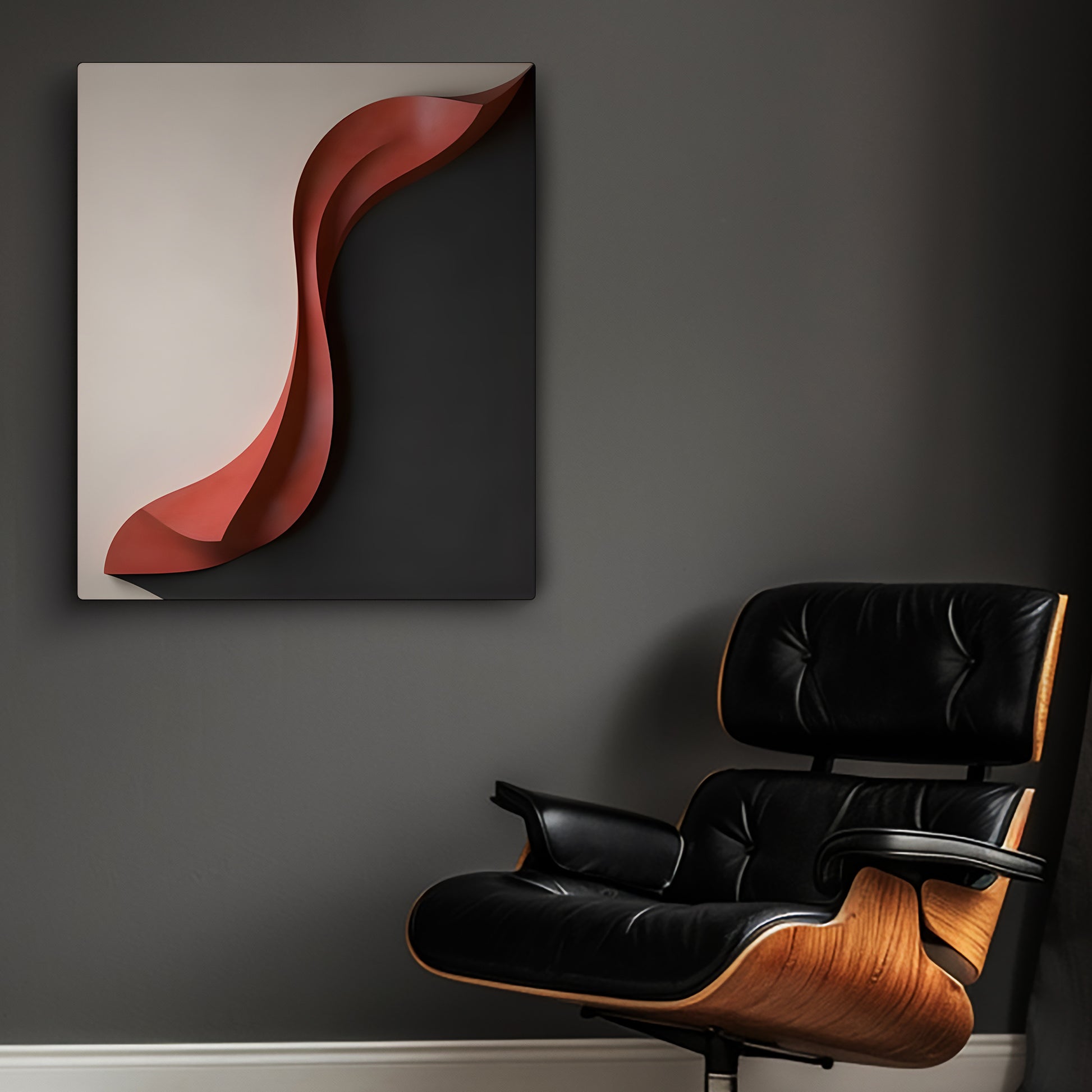 Modern 3D Wall Art Panel with Red Wave on Black and White Background