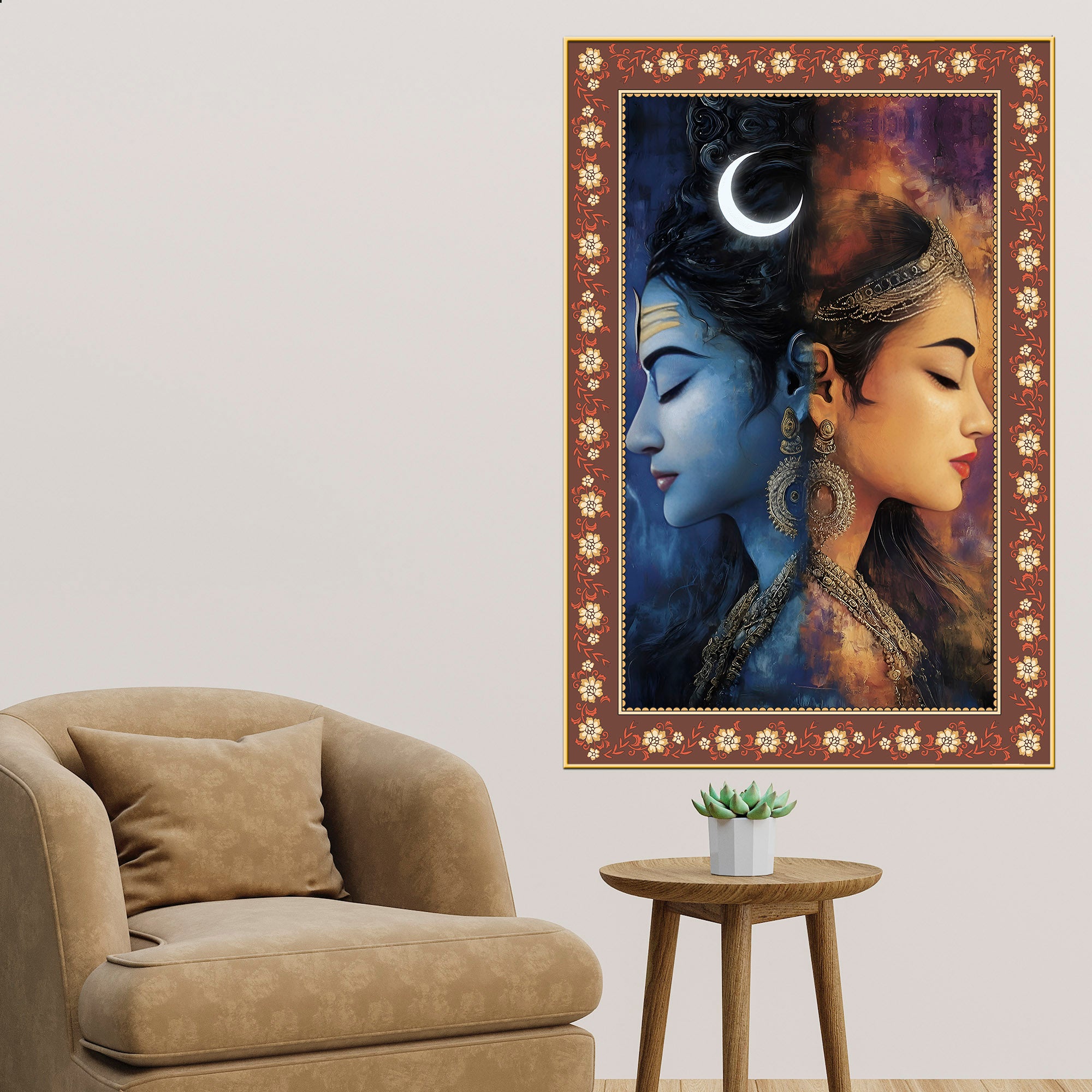 Modern Art Shiva Parvati Floral Border Vertical Wall Painting