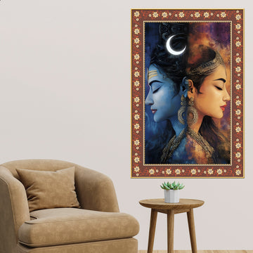 Modern Art Shiva Parvati Floral Border Vertical Wall Painting