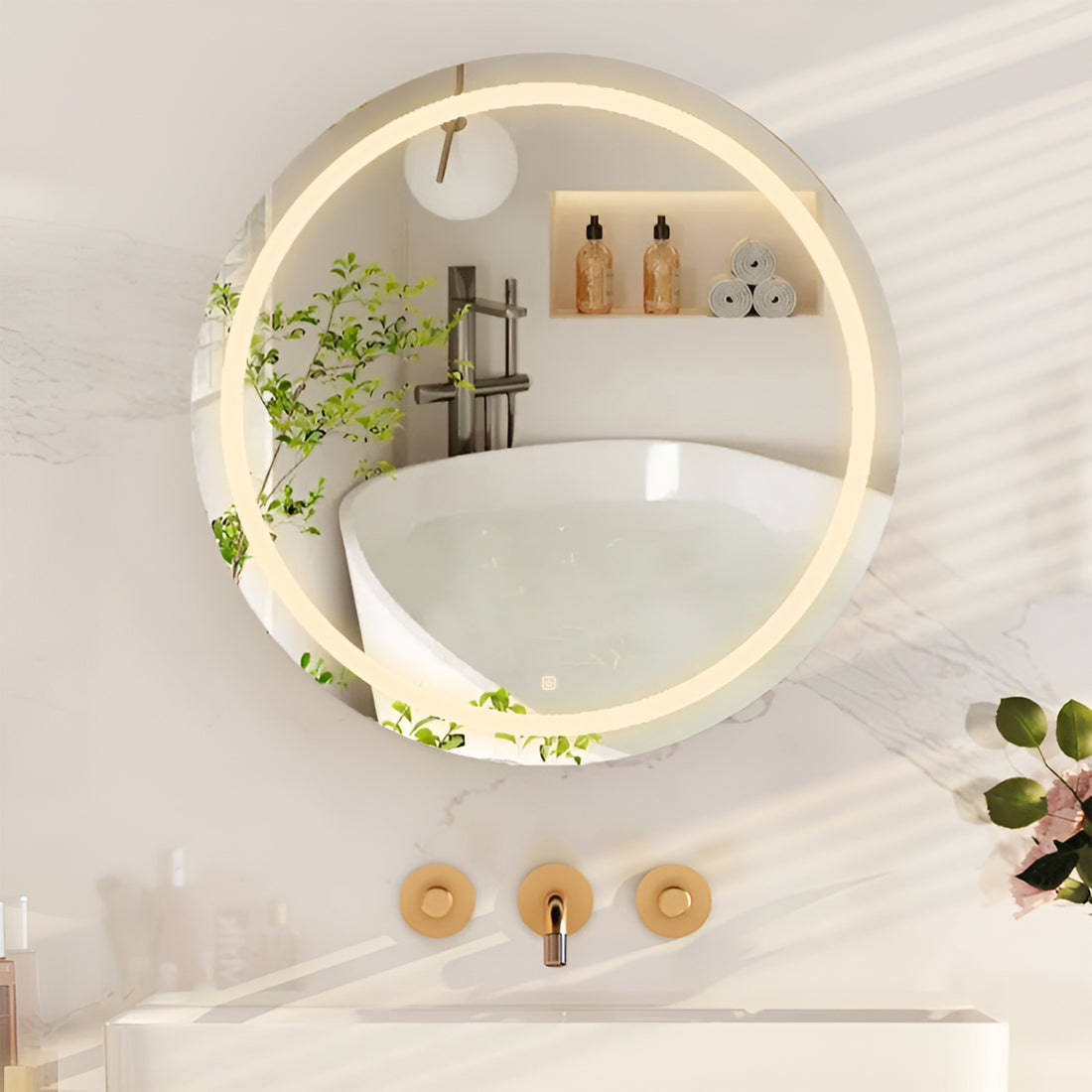 Modern Bathroom Round Mirror Cabinet with LED Rim and Organizer Space