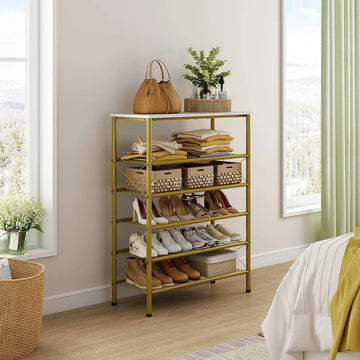 Modern Vertical Shoe Storage Shelf with Glossy Gold Finish